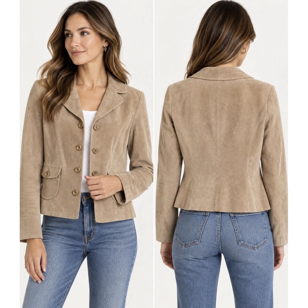 Ann Taylor Loft Suede Leather Button Front Blazer Jacket Camel Brown SZ 10